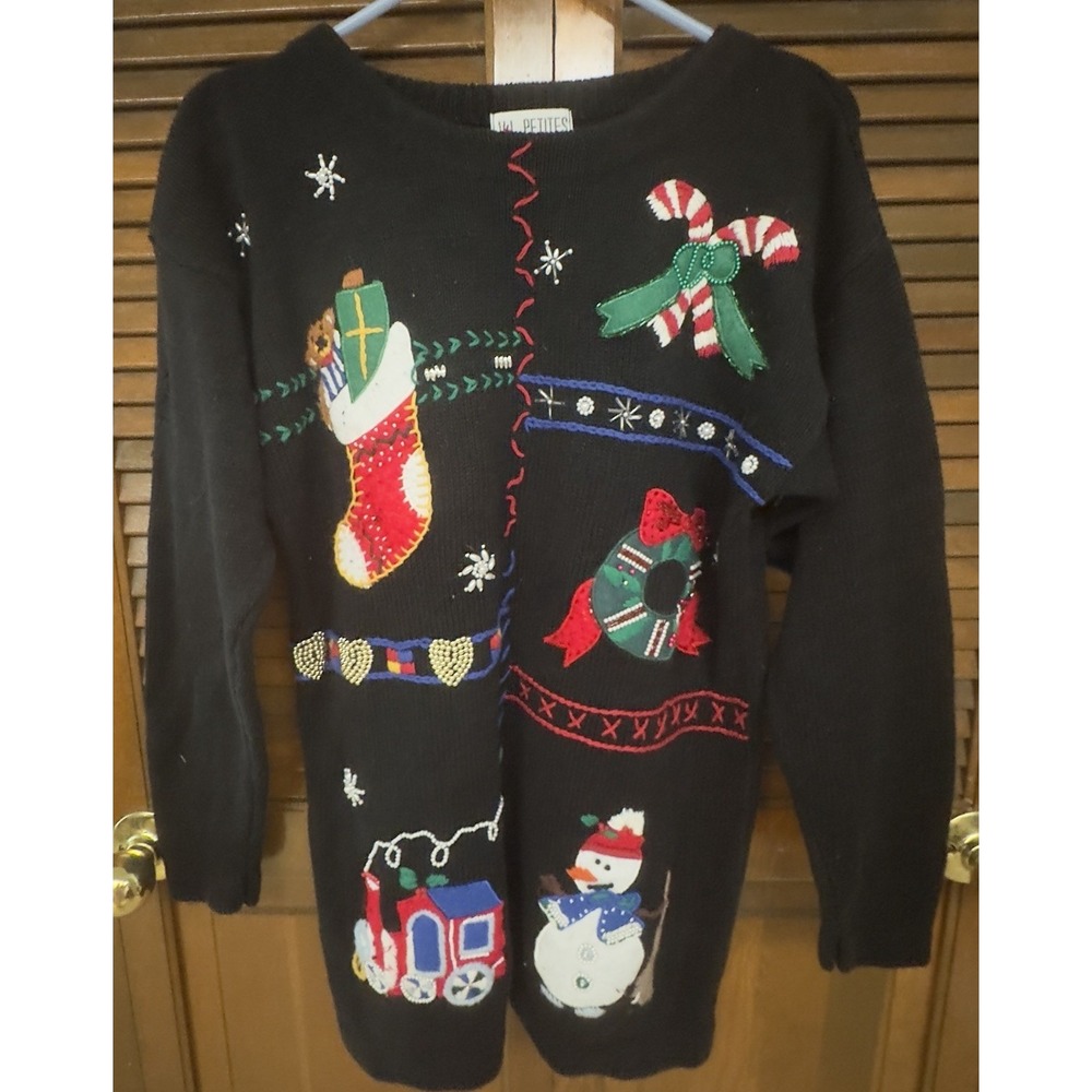 VJ Petites PM Petite‎ Christmas Sweater Black Embroidered Stocking Train Snowman